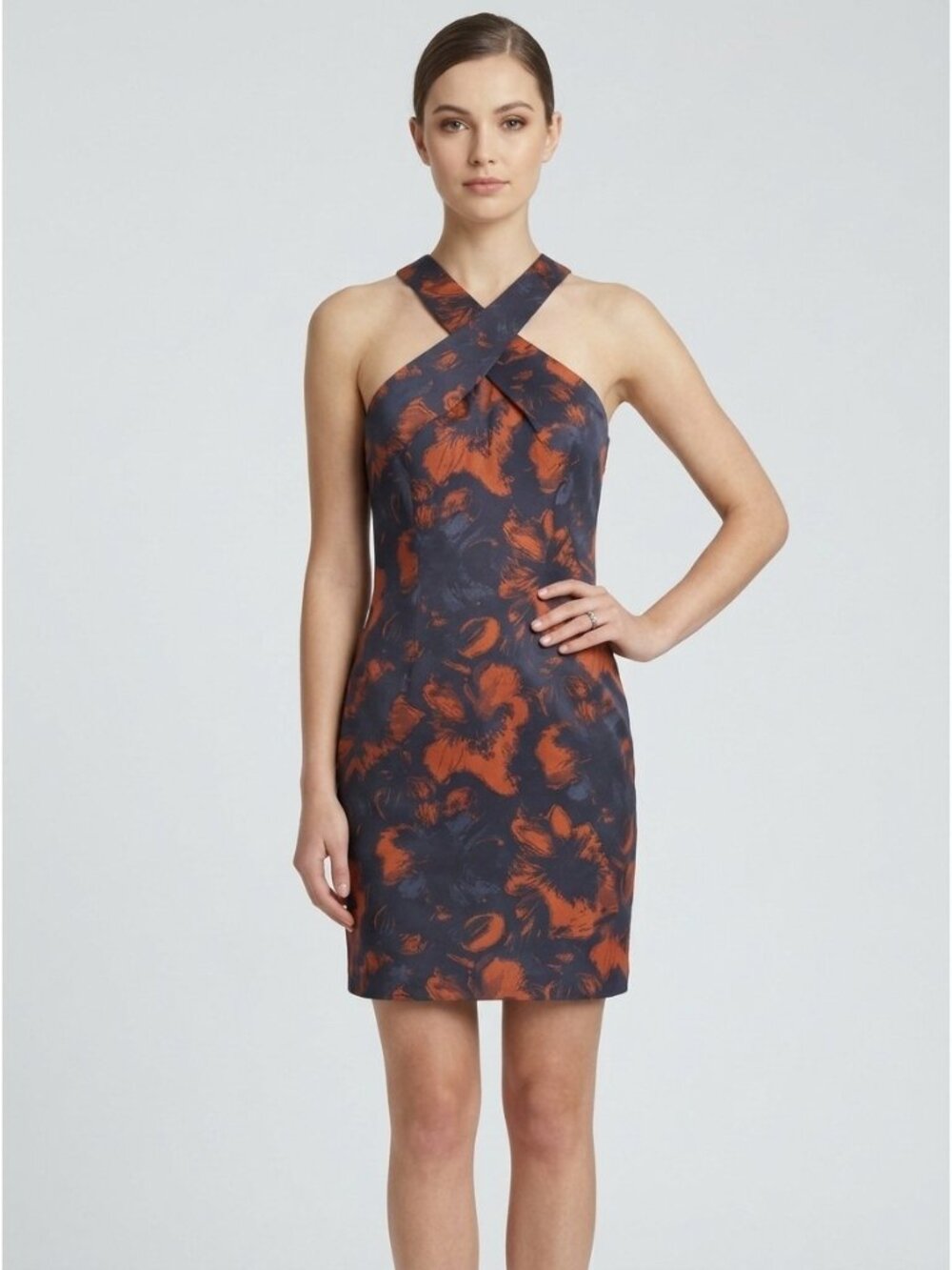 Trina Turk Muir Woods Halter Shift Dress Womens 8 Navy Orange Floral Jacquard